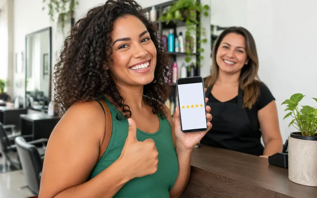 Cliente feliz no balcão de um salão de beleza mostrando o celular