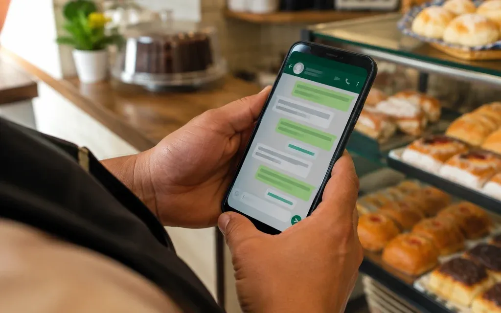 Mãos segurando um celular com uma conversa aberta em uma padaria