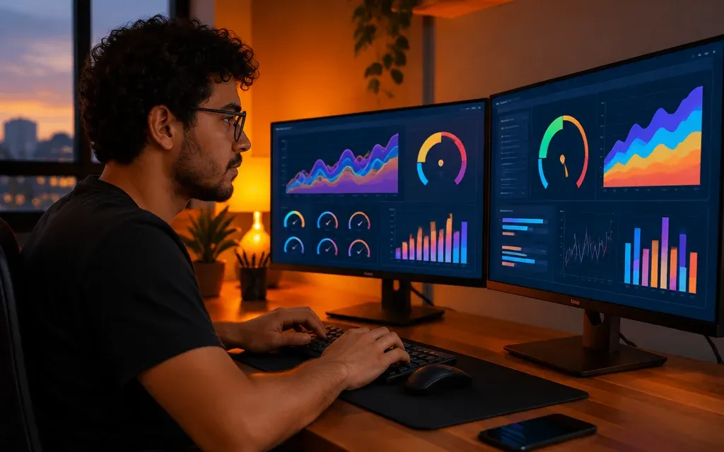 Desenvolvedor analisando gráficos de desempenho em dois monitores