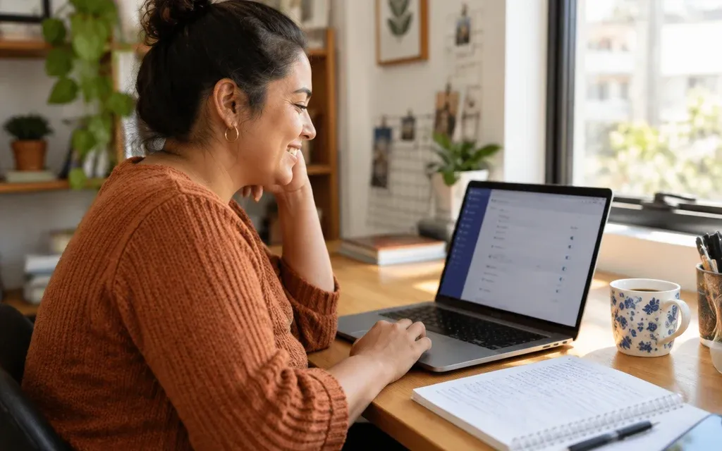 Empreendedora sorrindo em frente ao notebook no escritório de casa