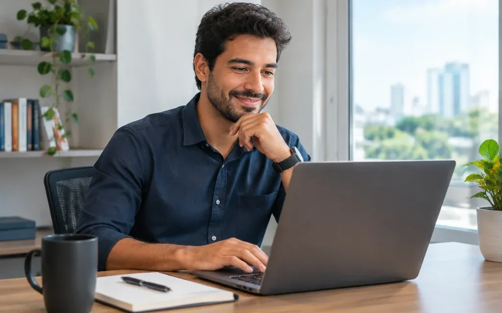 Empresário lendo e-mails no notebook em um escritório claro