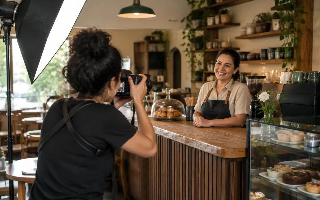 Fotógrafo registrando a dona de um café atrás do balcão