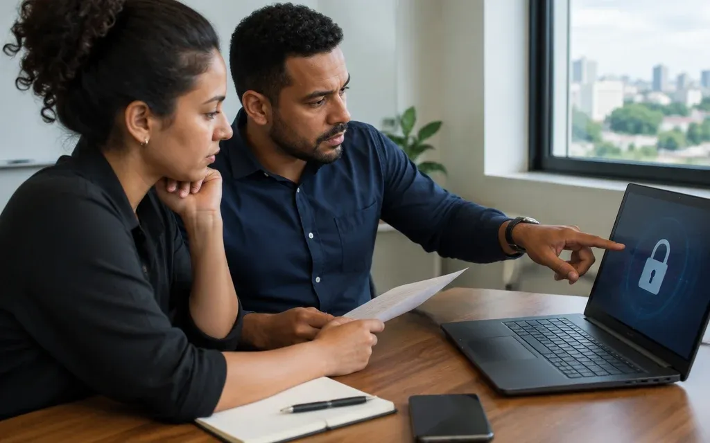 Duas pessoas analisando documentos e um notebook em uma sala de reunião